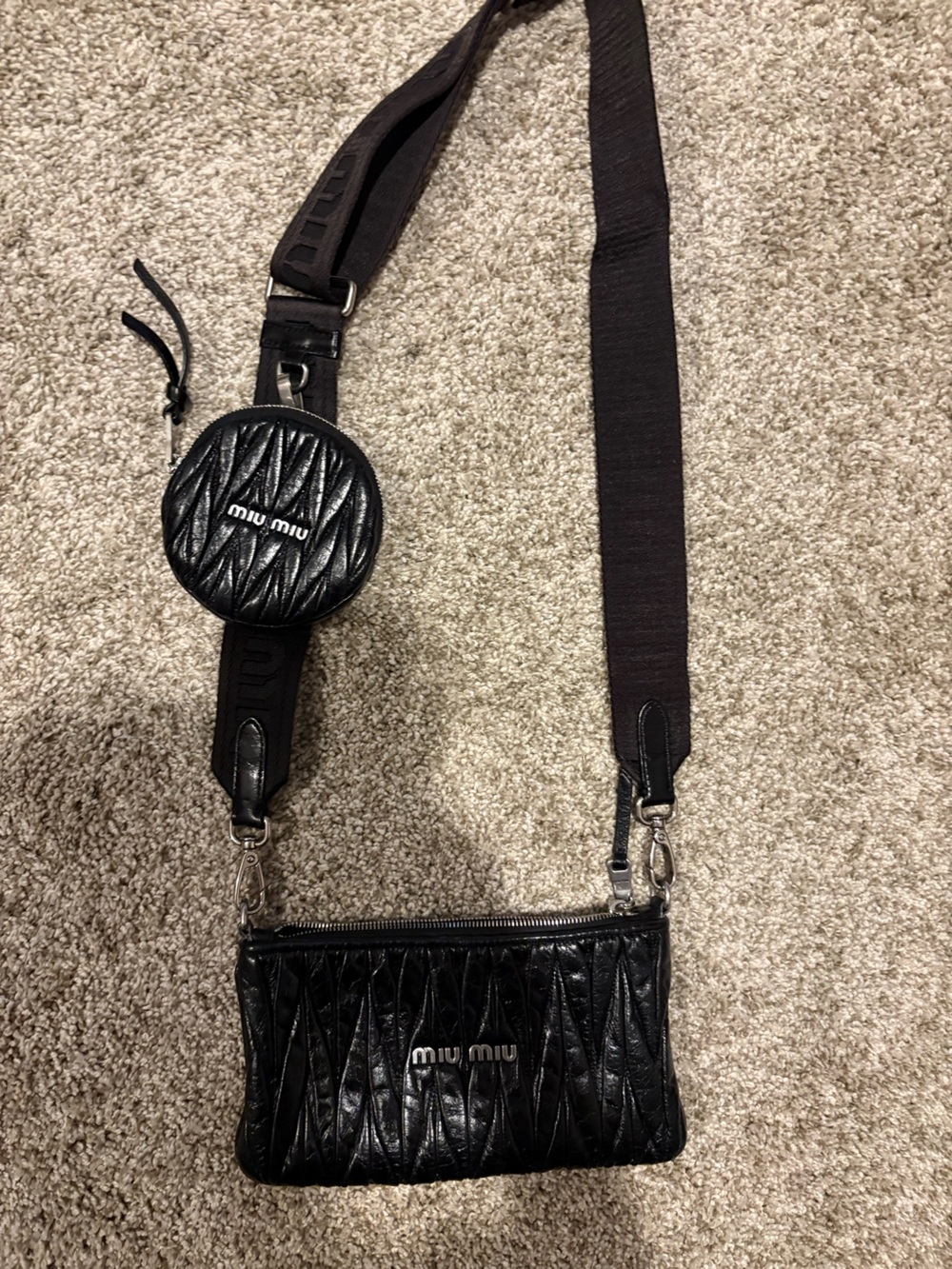 Miu Miu Black Quilted Leather Messenger Bag with Round Pouch Authentic